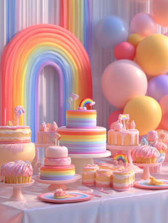 Colorful celebration table set for pride month filled with vibrant desserts like cakes and cupcakes surrounded by playful decorations in soft 3D style.の素材