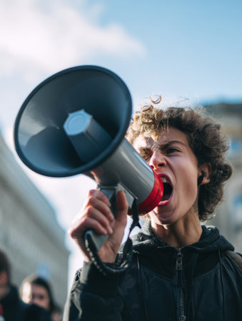 A young individual is shouting into a megaphone, expressing opinions about freedom of speech at a lively protest taking place in a city.の素材