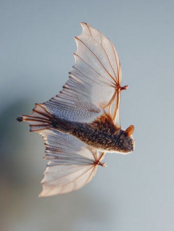 Sunda colugo soars through the twilight air, showcasing its remarkable gliding abilities against a backdrop of soft, muted colors in the sky.の素材