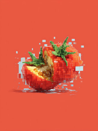 A 3D tomato is split into pixelated blocks, creating a striking contrast with a clean red background, showing digital creativity.の素材