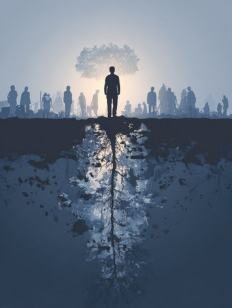 A figure stands at the edge of a deep trench, surrounded by silhouettes reflecting a sense of connection to nature, promoting grounding methods for PTSD relief.の素材