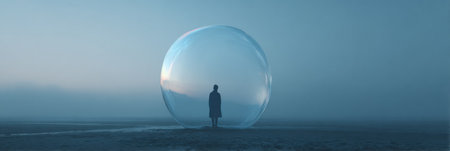 A solitary figure is enveloped in a transparent bubble, surrounded by misty atmosphere at a serene shoreline, creating a metaphor of safety and isolation.の素材