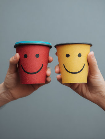Hands are holding colorful cups featuring smiley faces, creating a cheerful atmosphere ideal for conversation and positive interactions in a bright settingの素材