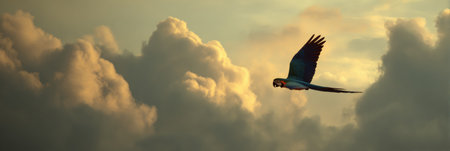 A majestic macaw soars through the sky during sunset, its vivid colors contrasting beautifully against soft clouds and warm hues of evening light.の素材