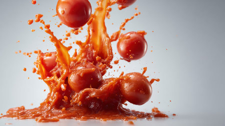 A vibrant splash of tomato sauce occurs mid-air, featuring droplets and splatters against a bright backdrop, creating a dynamic and energetic visual.の素材