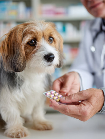 A veterinarian hands medication to a pet owner for a dog in a clean pharmacy environment, highlighting the importance of pet health management.の素材