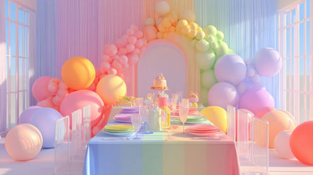 Colorful table arranged for a pride month celebration featuring soft 3D styled decorations and an inviting atmosphere filled with joy and inclusivity.の素材