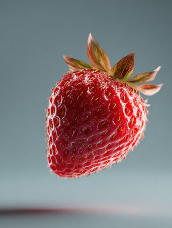 A vibrant 3D strawberry hovers in mid-air, showing intricate details, while motion blur adds a dynamic effect against a clear background.の素材