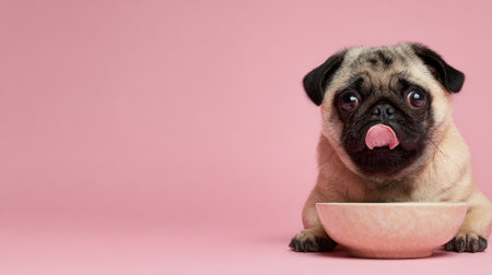 A pug happily licks a bowl on a soft pink background, creating a whimsical and playful vibe. The right side features unused space for a clean look.の素材