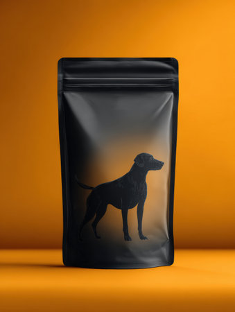Pouch packaging design showcases a black silhouette of a dog against a soft orange background, highlighting the product with a modern aesthetic.の素材