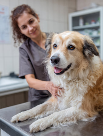Veterinary assistant gently brushes a dogs coat in an empty clinic, preparing the pet for a checkup in a warm and soft light environment.の素材