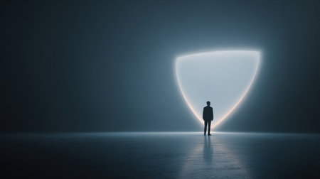 Individual stands in calm, dim space, surrounded by a luminous protective shield, representing mental safety and personal well-being during introspective time.の素材