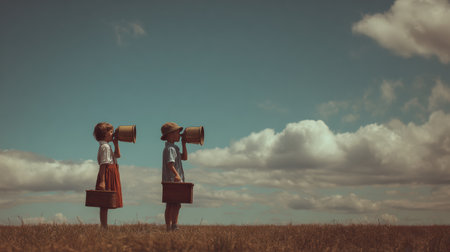 Two kids in a field use tin can phones to chat under a bright blue sky and fluffy clouds, enjoying a playful moment of creativity.の素材