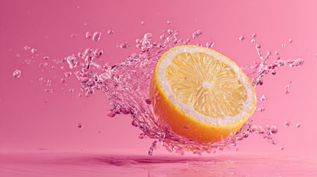 A lemon slice splashes in water, creating intricate patterns on a bright pink background for added visual appeal.の素材