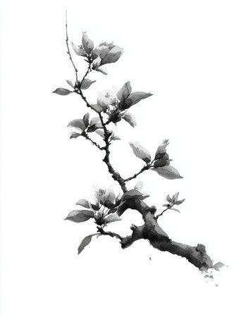 A pear tree branch, complete with leaves and blossoms, showcases elegance in a minimal Japanese ink wash style, emphasizing simplicity and beauty in nature.の素材