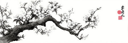 Delicate pear tree branch adorned with blossoms in minimalist Japanese ink wash style, creating a serene atmosphere in an upper blank layout.の素材