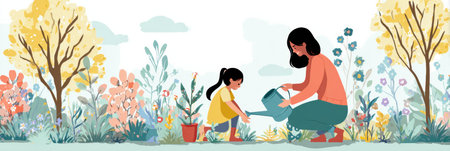 In a vibrant pastel garden, a mother waters plants while her daughter assists, surrounded by blooming flowers and greenery in warm spring weather.の素材