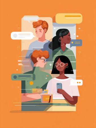 People are depicted chatting with each other using a voice message app in a cozy and colorful environment emphasizing modern communication.の素材