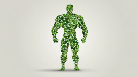 Bold health icons combine to form a muscular male figure, symbolizing strength and well-being in a sleek, minimalist design that inspires fitness.の素材