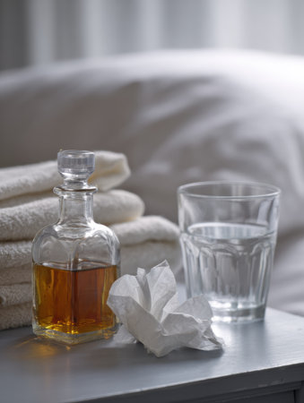 A nightstand displays a glass of water, a medicine bottle, and crumpled tissues alongside neatly stacked towels, all in soft, minimal light.の素材