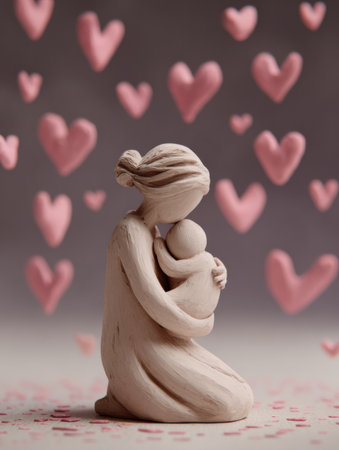 A mother lovingly holds her child in a soft clay sculpture surrounded by floating pink hearts, creating a warm and affectionate atmosphere.の素材