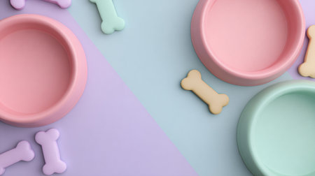 Colorful mockup of pet brand banner showcasing pastel pet bowls and playful bone shapes against a soft background, creating a cheerful atmosphere for pet loversの素材