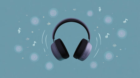 Calming visuals accompany noise-canceling headphones to promote a peaceful listening experience aimed at enhancing relaxation and focus throughout the dayの素材