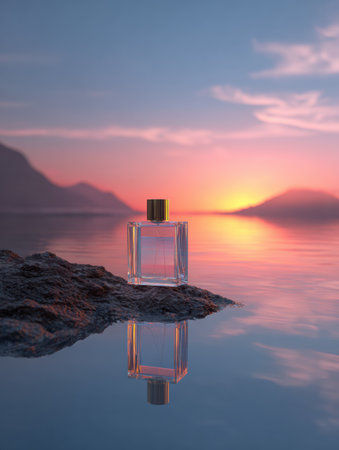 A clear, minimalist perfume bottle stands on a rock by still water, capturing the beautiful colors of a vibrant sunset and providing a peaceful ambiance.の素材