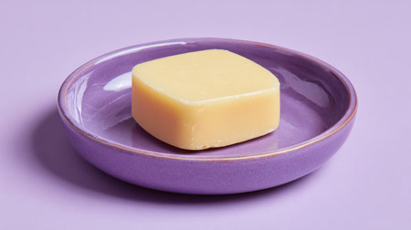 A natural yellow soap bar sits elegantly on a purple ceramic dish, enhancing the aesthetic appeal and functionality of a bathroom or vanity setting.の素材