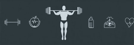 A muscular male figure is created through various minimalist health icons representing fitness, nutrition, and overall wellness in a cohesive designの素材