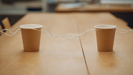 Two paper cups are joined by string across wooden desks, illustrating a whimsical connection that encourages imagination in a collaborative environment.の素材