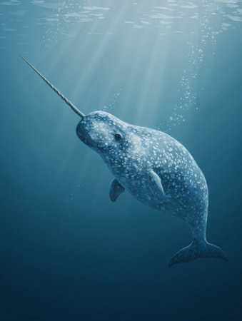 Graceful narwhal swims through clear water, showcasing its long tusk and spotted body in a calm underwater setting, illuminated by soft sunlight.の素材
