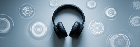 Enjoy a serene moment with noise-canceling headphones set against a soothing background, emphasizing tranquility and peace from outside distractions.の素材