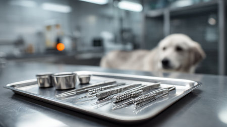 Sterile tray holding various veterinary instruments with a blurred dog in the background, showcasing a professional clinic environment during a procedure.の素材