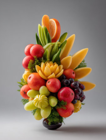 Fresh fruits are artistically arranged to create a harmonious cluster with vibrant colors and clean lines, emphasizing natures beauty and appetizing variety.の素材