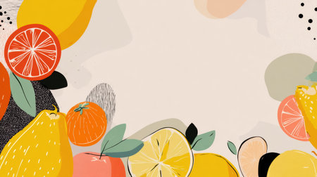 Abstract fruit lineart showcases vibrant designs in the lower left corner, creating a playful composition with blank space for customization and artistic use.の素材