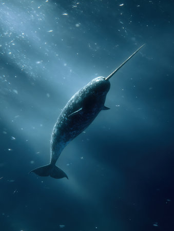 Narwhal glides through the deep blue ocean, tusk pointed forward, amidst gentle light rays filtering from above, creating a tranquil atmosphere.の素材