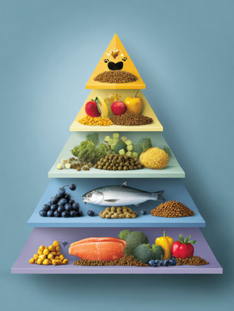 Visual representation of a balanced pet meal pyramid featuring various food groups like proteins, vegetables, and grains designed for pet nutrition.の素材