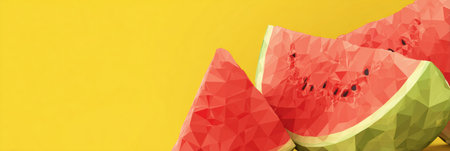 Polygonal watermelon graphic features slices with vibrant red flesh and green rind arranged artistically on a cheerful yellow background, evoking summer vibes.の素材