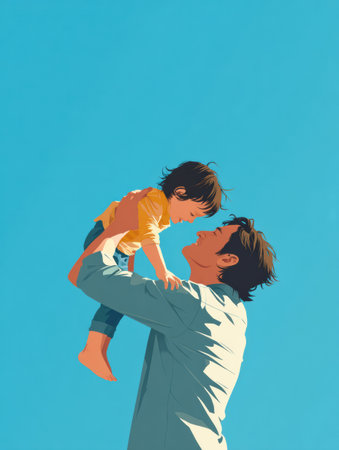 A father lifts his smiling child high in the air, capturing a cherished moment of connection against a bright blue sky, celebrating the joy of parenthood.の素材