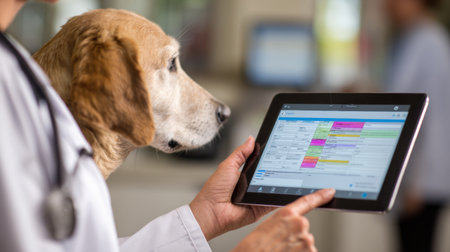A veterinarian inputs medical information on a tablet while standing next to a golden retriever during an examination at a veterinary clinic.の素材