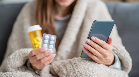Individual is using a telemedicine app on a phone while holding flu medication, wrapped in a blanket, showing a modern approach to healthcare.の素材