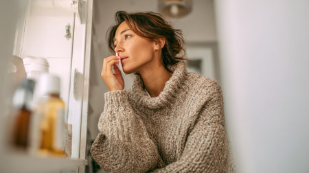 A woman wearing a cozy sweater looks thoughtfully at a medicine cabinet while dealing with a runny nose in a clean and bright room.の素材