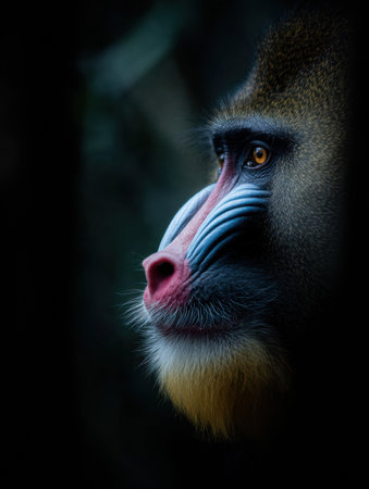 Vibrant mandrill with striking facial colors observes its surroundings against a softly blurred jungle setting, capturing the essence of wildlife.の素材