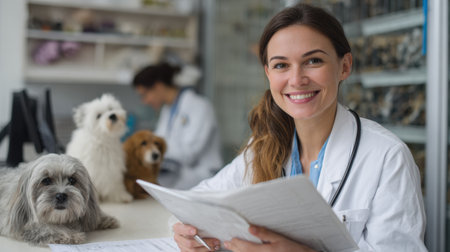 Smiling veterinarian is engaged in her tasks behind a desk, reviewing files while pet models are visible in the background at a veterinary clinic.の素材