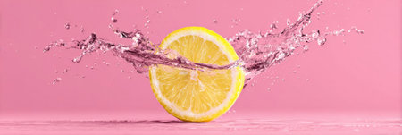 A lemon slice drops into water, creating an energetic splash against a pink background, showing the freshness and vibrancy of the fruit.の素材