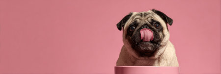 A pug enjoys licking its bowl surrounded by a soft pink background, capturing a playful and adorable moment in a bright indoor environment.の素材