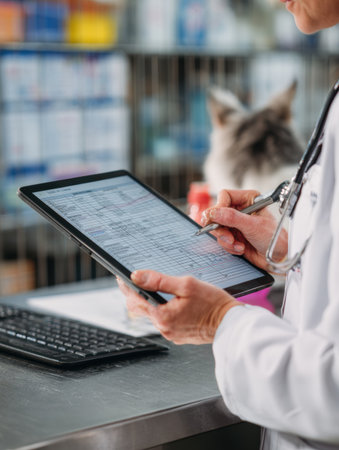 Vet uses a tablet to record examination details beside a patient in a veterinary clinic during a routine check-up, ensuring accurate records.の素材
