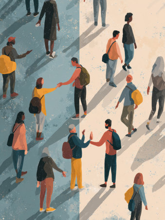 Strangers engage in helping each other with gestures amidst a clean urban landscape, illustrating kindness and collaboration in everyday life.の素材