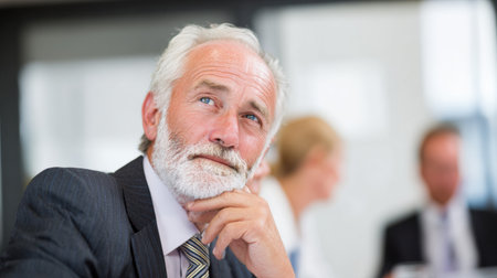 Senior businessman deep in thought during a corporate meeting, contemplating strategies and insights for enhancing business growth and success.の素材